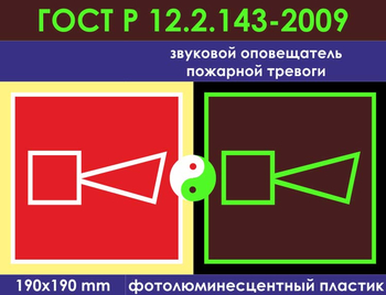 F11 звуковой оповещатель пожарной тревоги (фотолюминесцентный пластик ГОСТ 34428-2018, 200х200 мм) - Знаки безопасности - Фотолюминесцентные знаки - Магазин охраны труда Протекторшоп